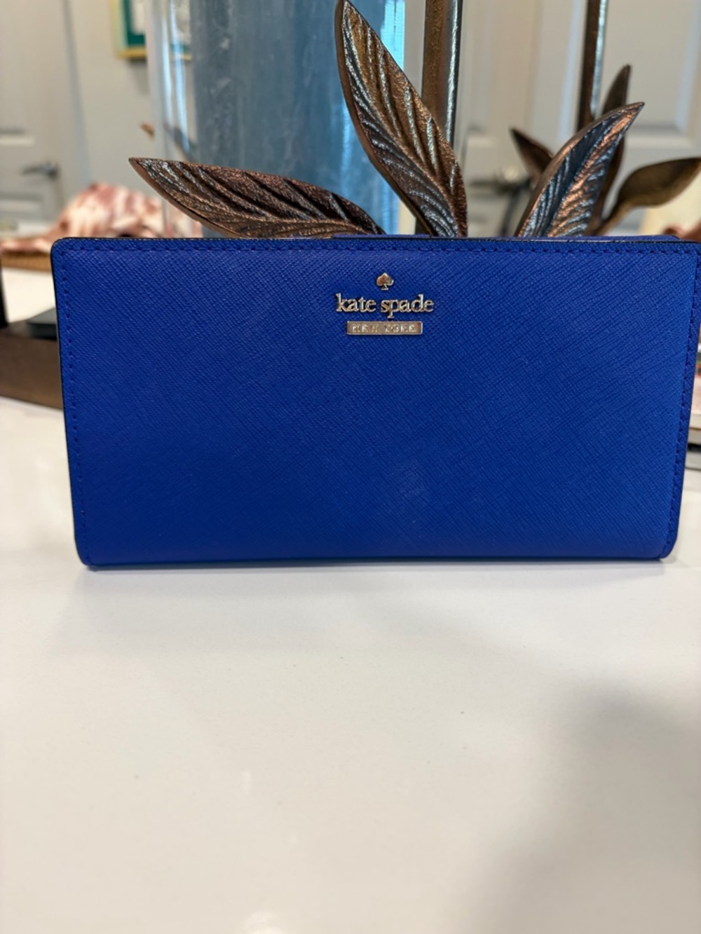 kate spade Electric Blue Saffiano Zip-Around Wallet with Gold Logo